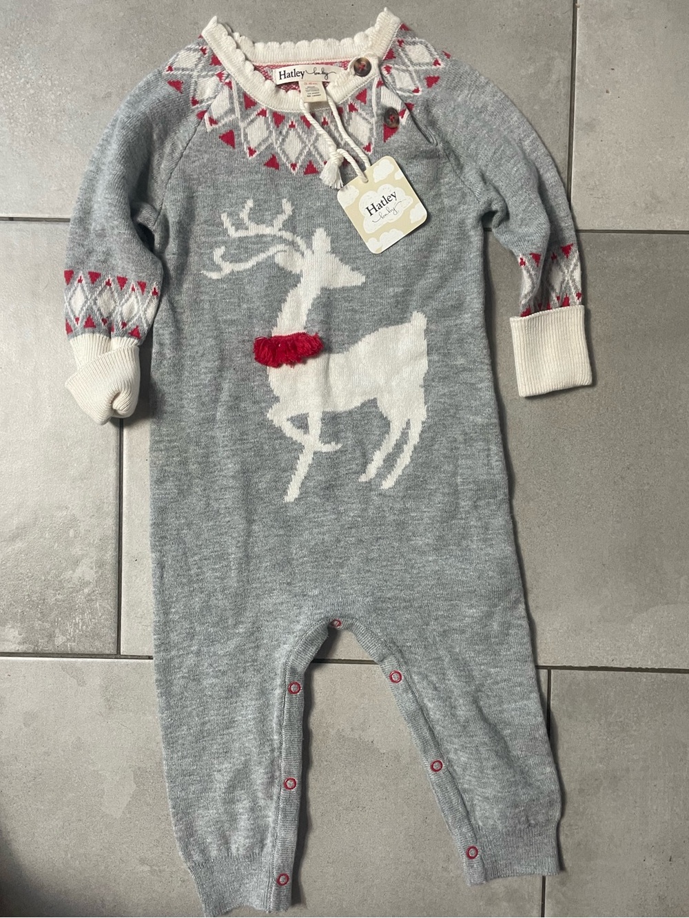 Hatley Grey Knit Reindeer One-Piece with White and Red Accents
